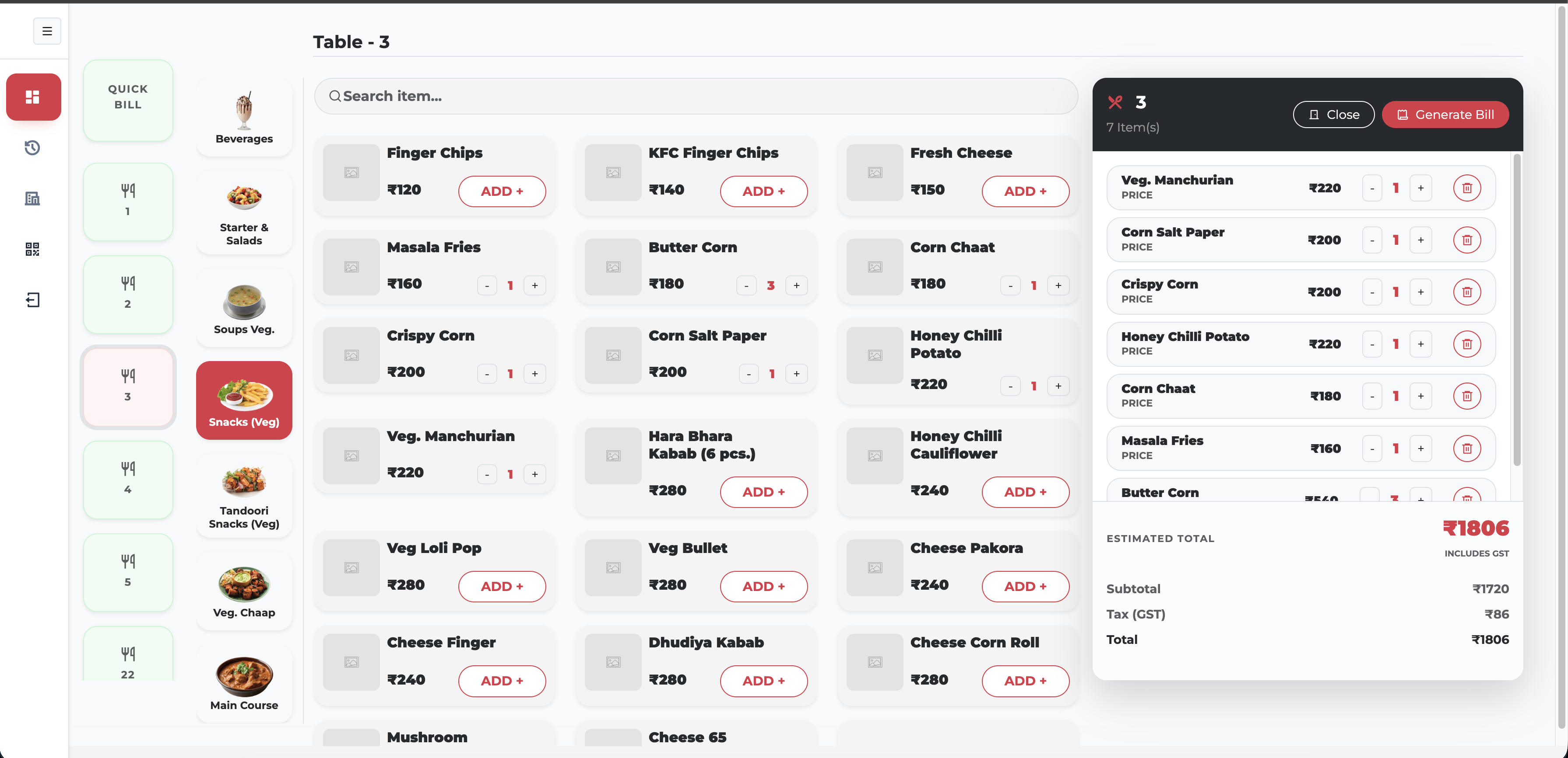 MuftDeal restaurant POS dashboard showing menu categories, food items and a live order bill