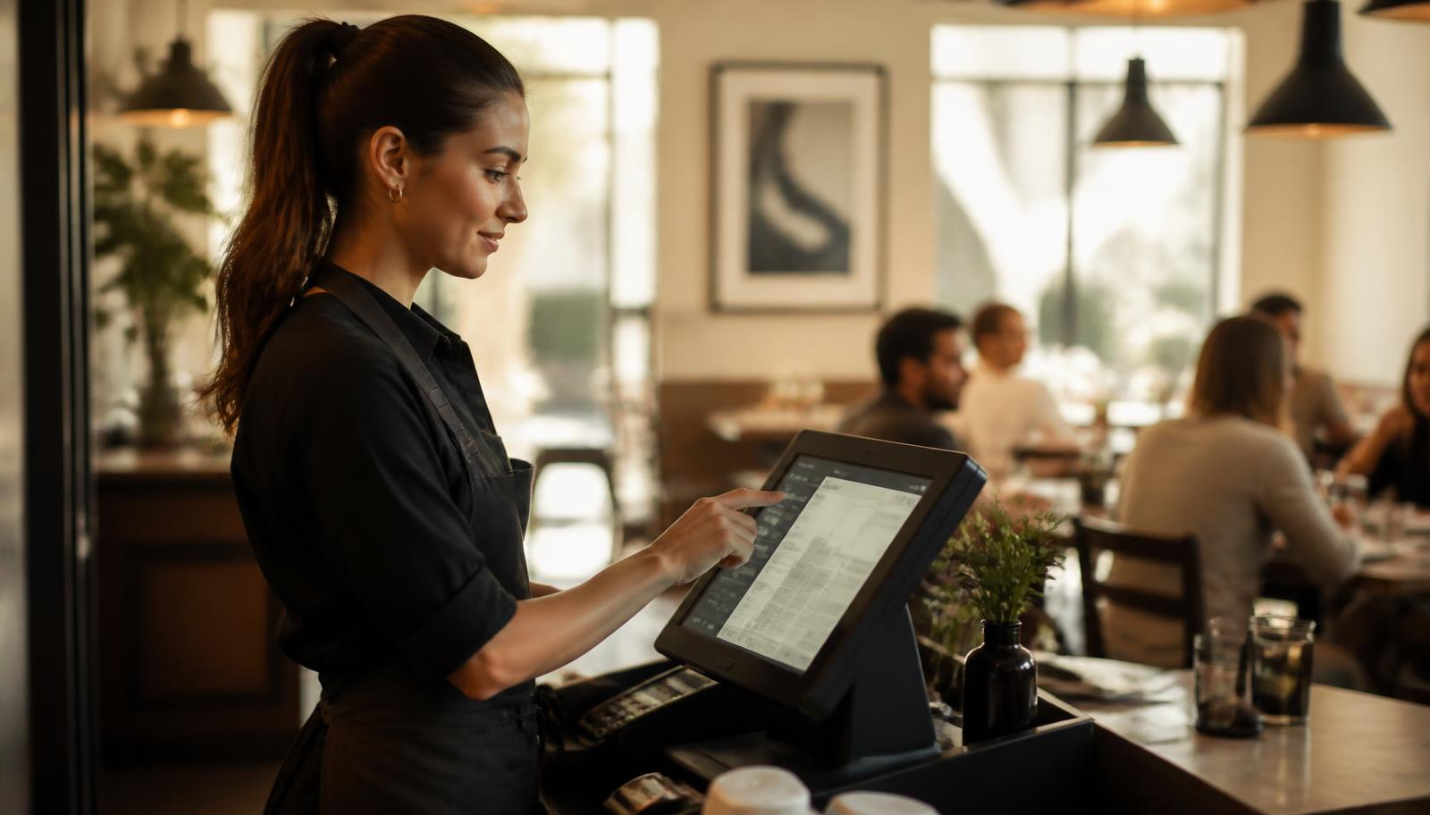 Restaurant staff using the MuftDeal POS terminal at the counter