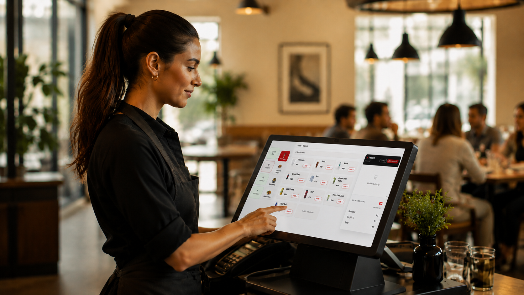 Restaurant staff using the MuftDeal POS terminal at the counter